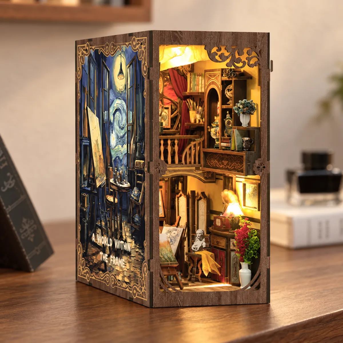 Whispers of Starlit Frames DIY Book Nook Kit with lights on