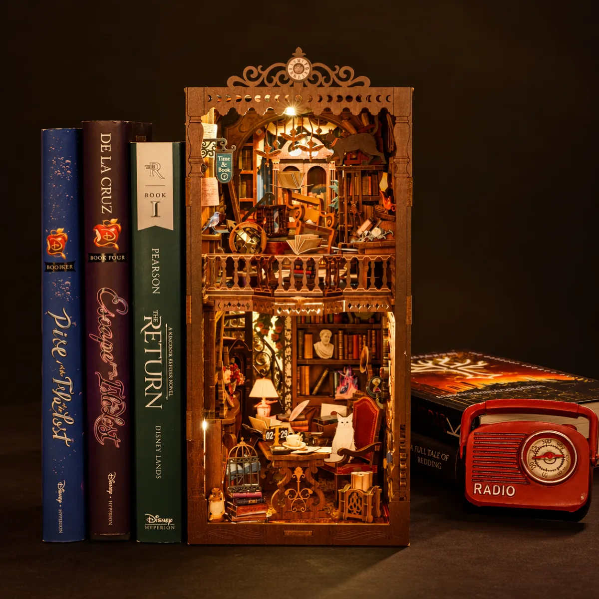Wonder Library DIY Book Nook Kit with lights on