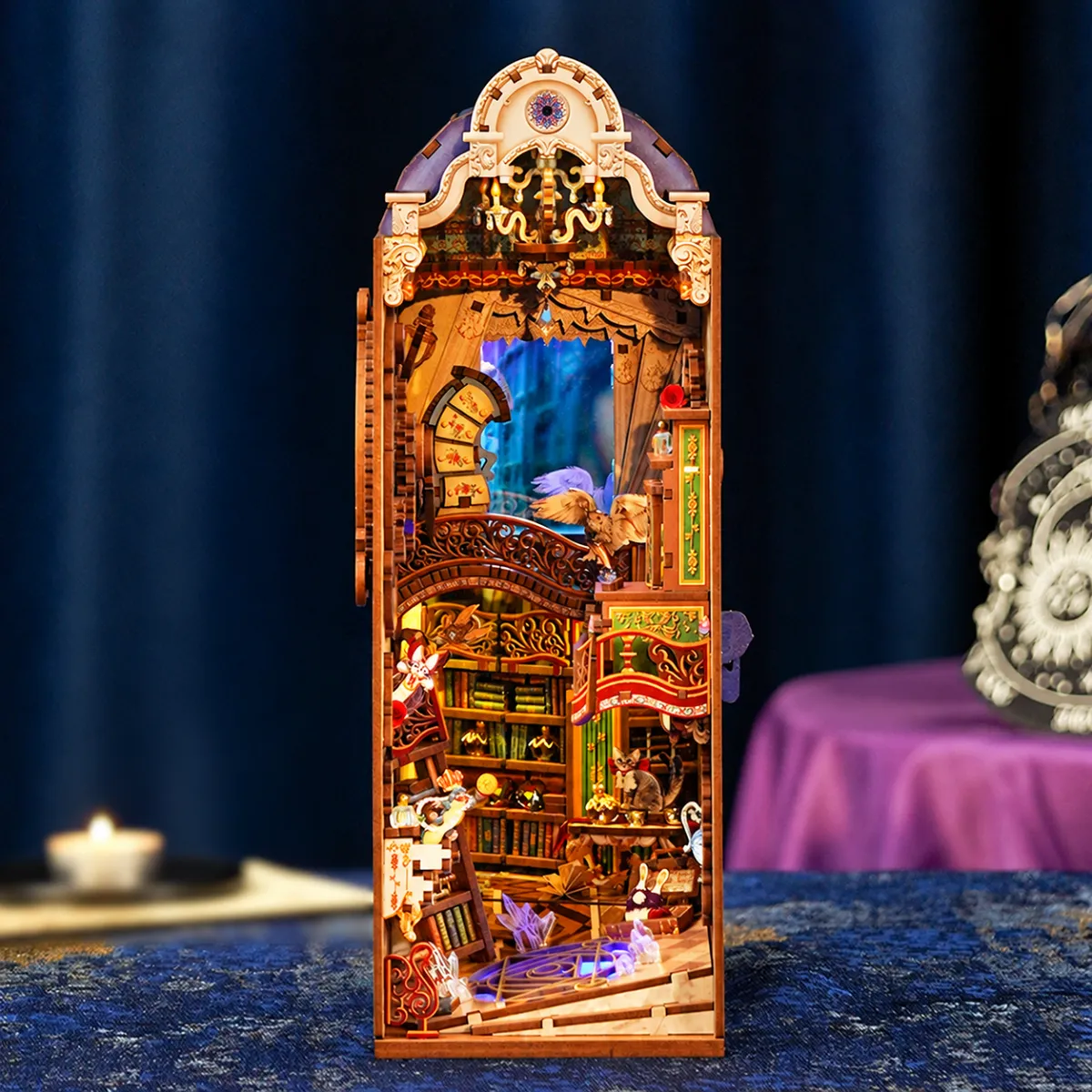 Magical Library DIY Book Nook Kit with lights on
