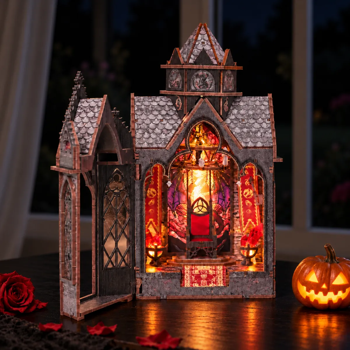 Spire Of The Wyrm DIY Book Nook Kit with lights on