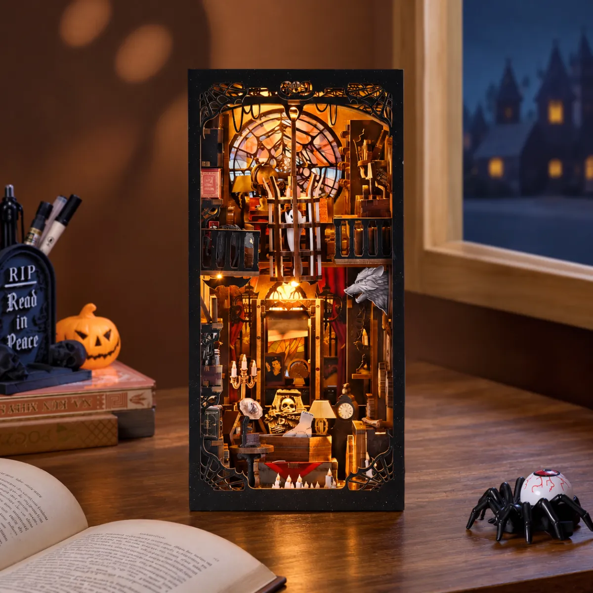 The Dark Family DIY Book Nook Kit with lights on