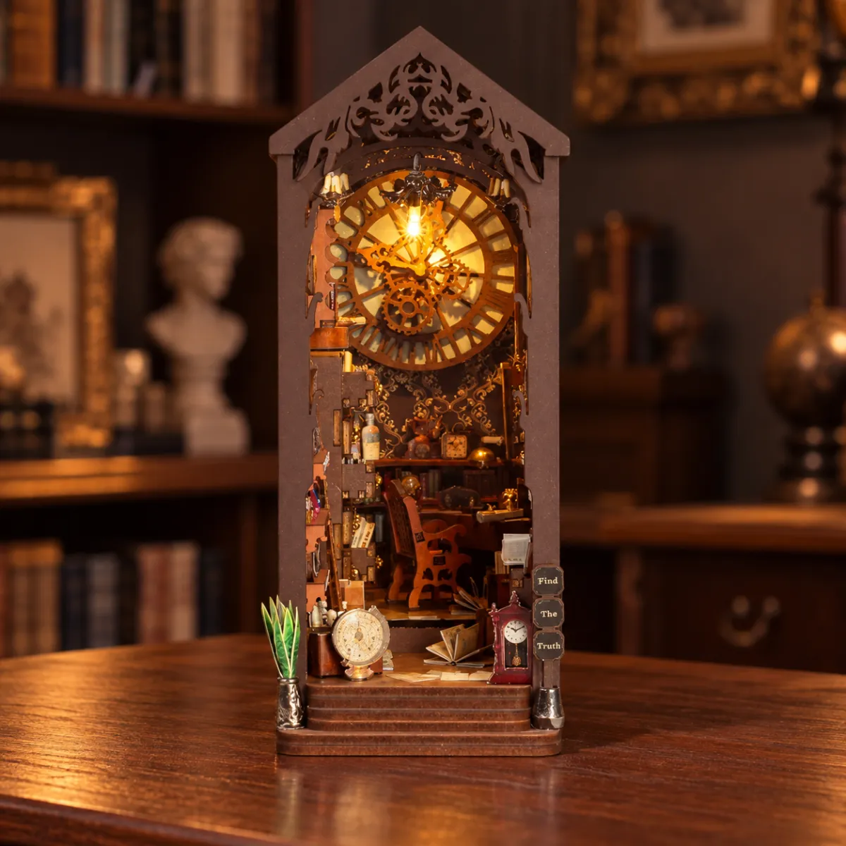 Investigation Bureau DIY Book Nook Kit with lights on