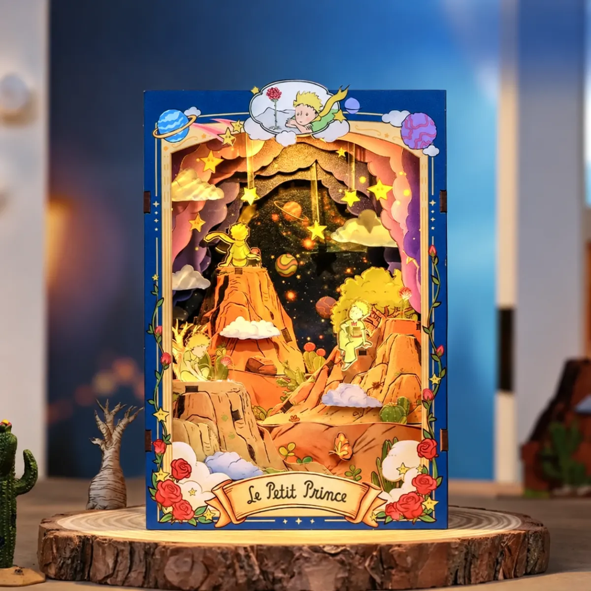 The Planet and the Rose DIY Book Nook Kit with lights on