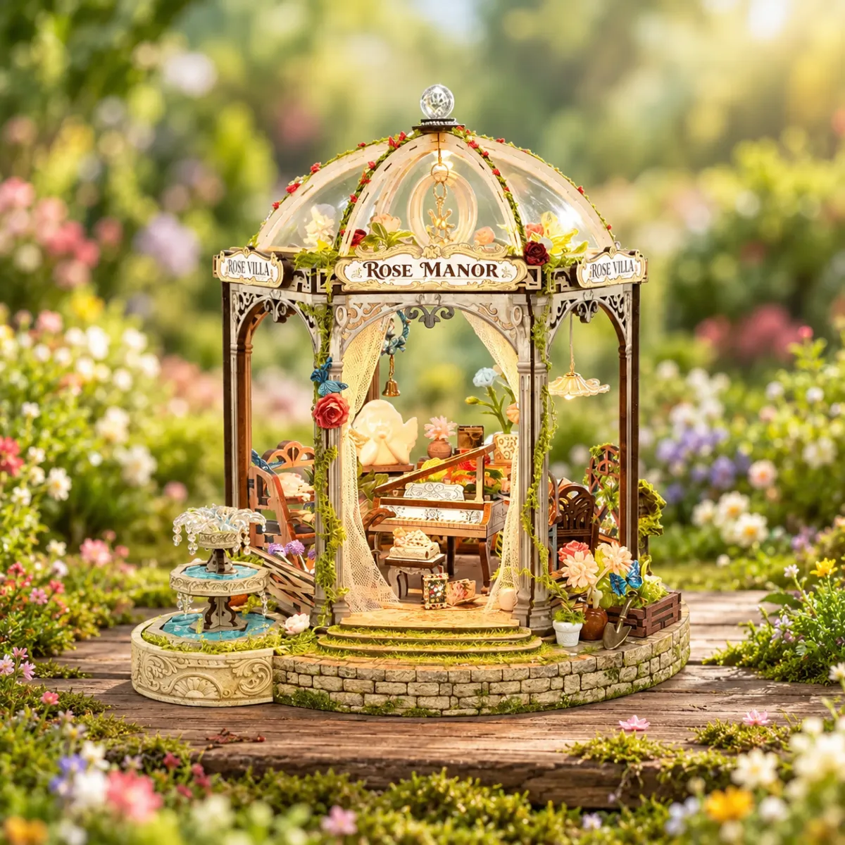 Rose Manor DIY Mini House Kit l DIY Miniature Kit with lights on