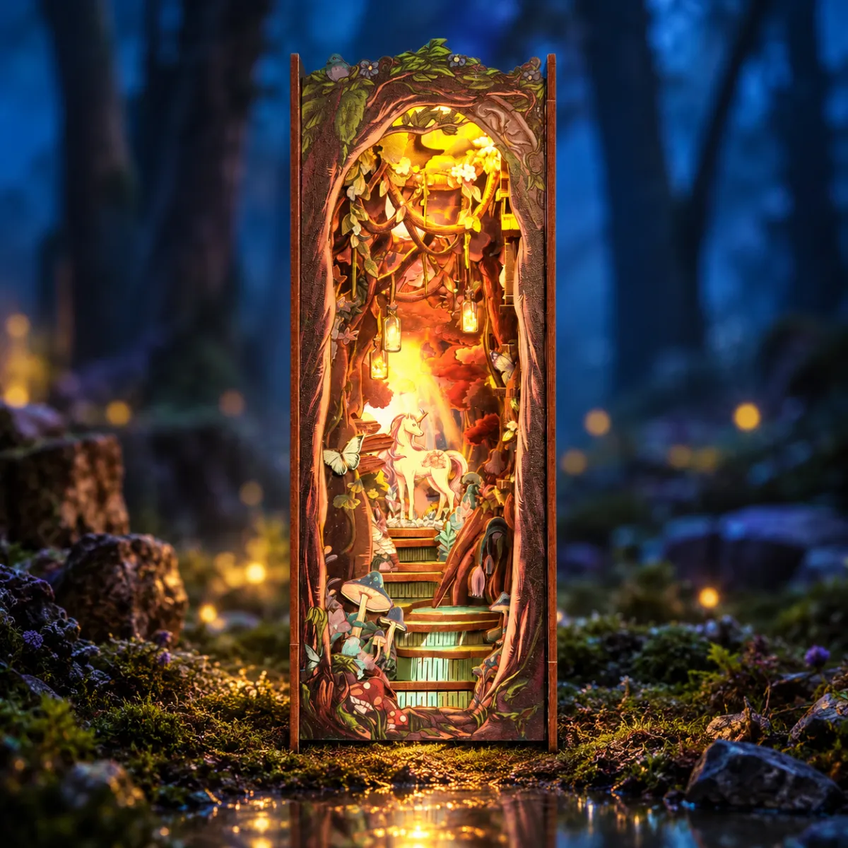 Kit fai-da-te per angolo lettura "La grazia della foresta" con le luci accese