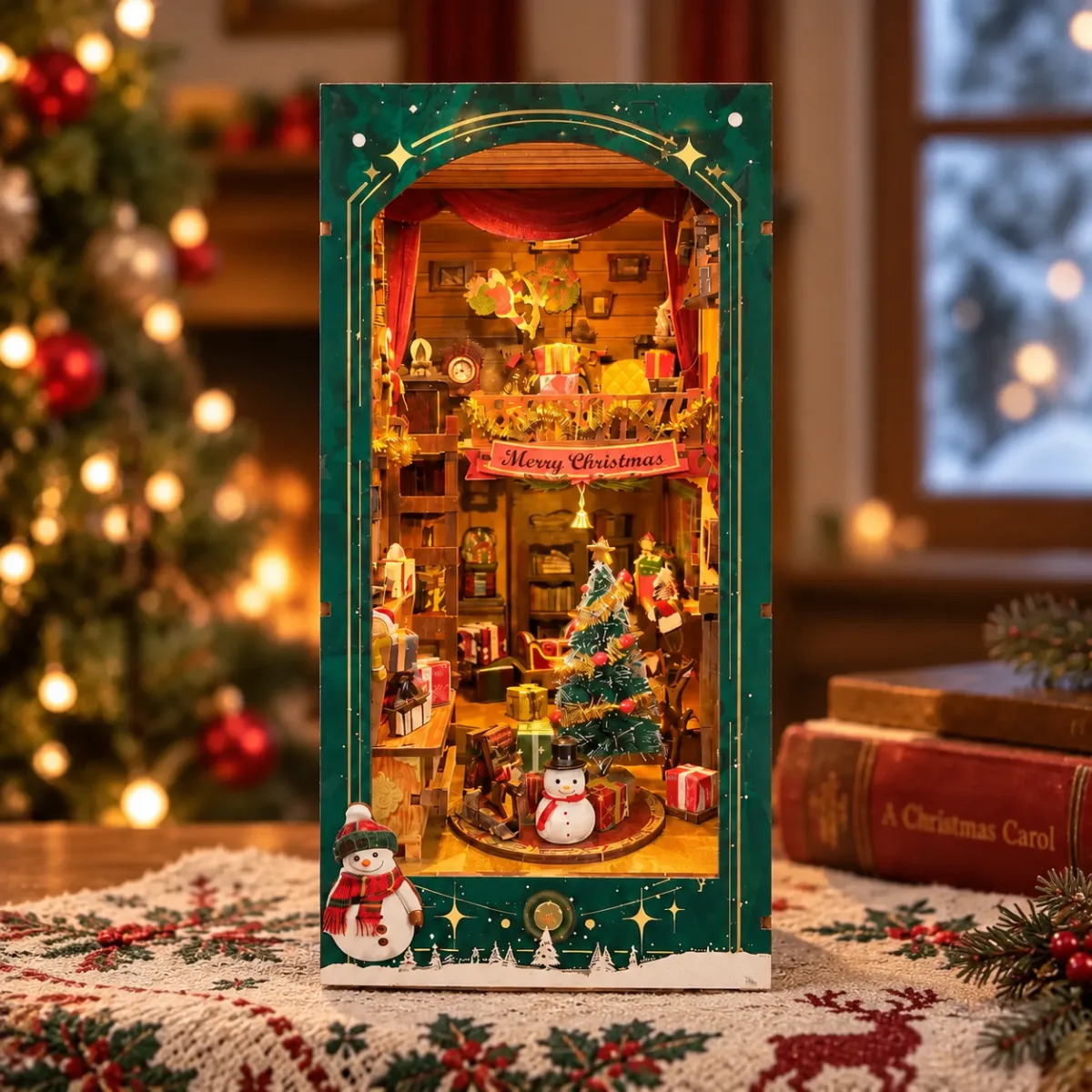 Jingle Cabin DIY Book Nook Kit with lights on