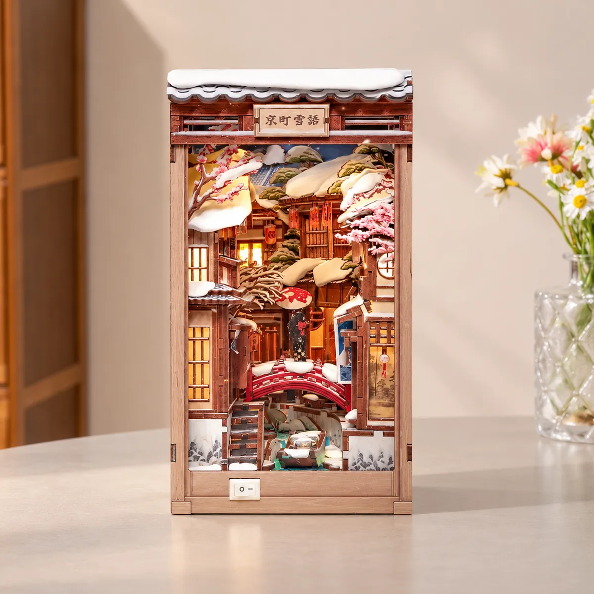 Kyoto Snow Whisper DIY Book Nook Kit with lights on
