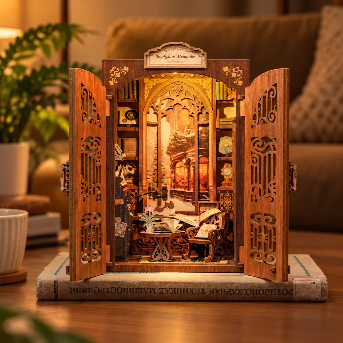 Bookshop Memories DIY Book Nook Kit with lights on