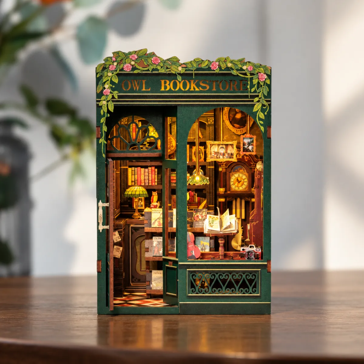 Owl Bookstore DIY Book Nook Kit with lights on
