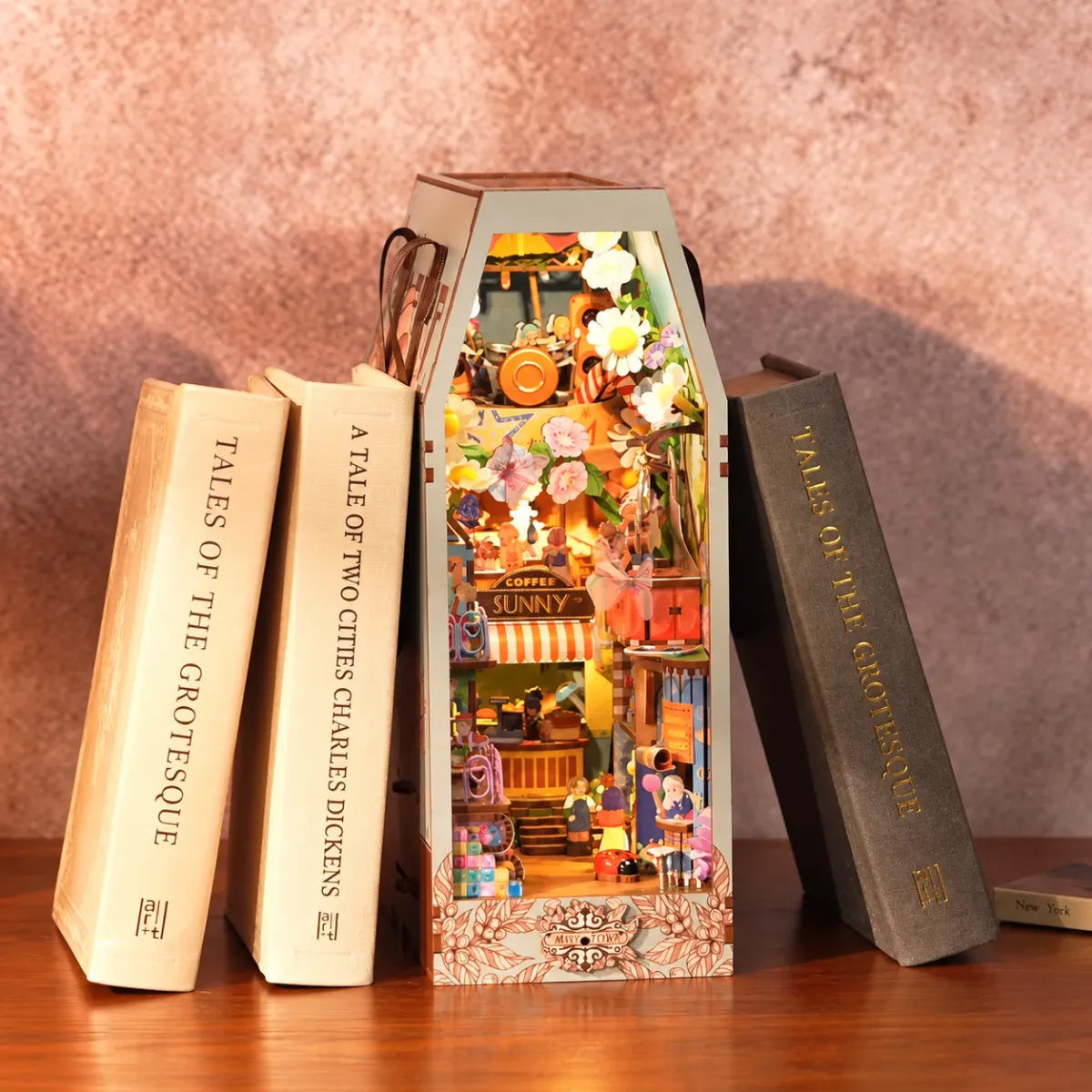 Mini Town DIY Book Nook Kit with lights on