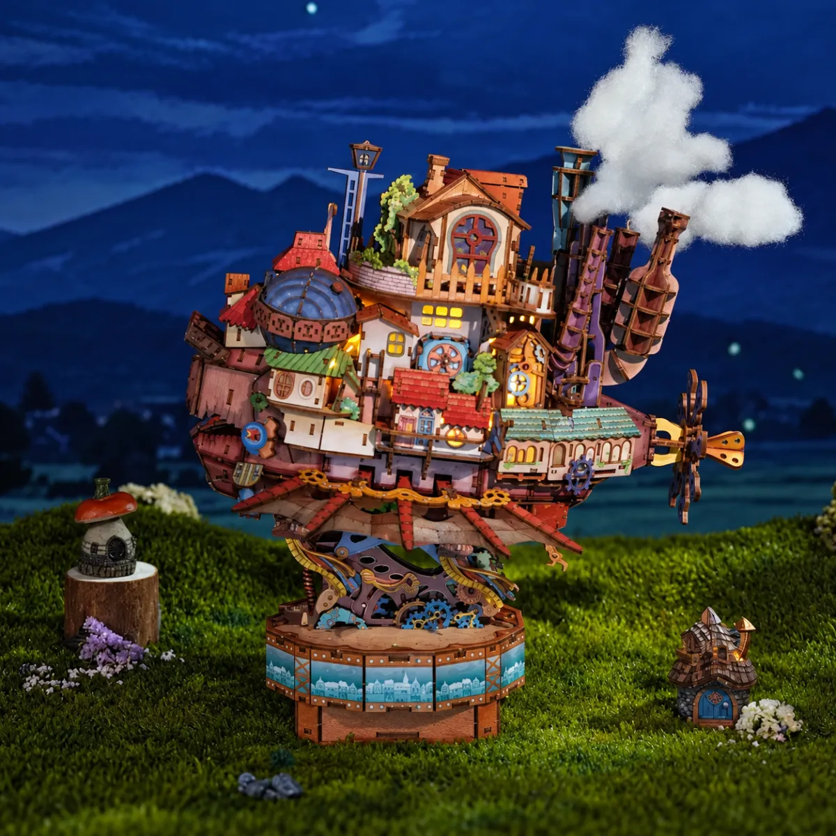 Motorized Walking Castle 3D Mechanical Wooden Puzzle Kit with LED Light and Music Box with lights on