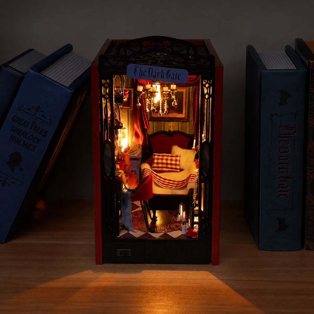 The Dark Gate DIY Book Nook Kit with lights on