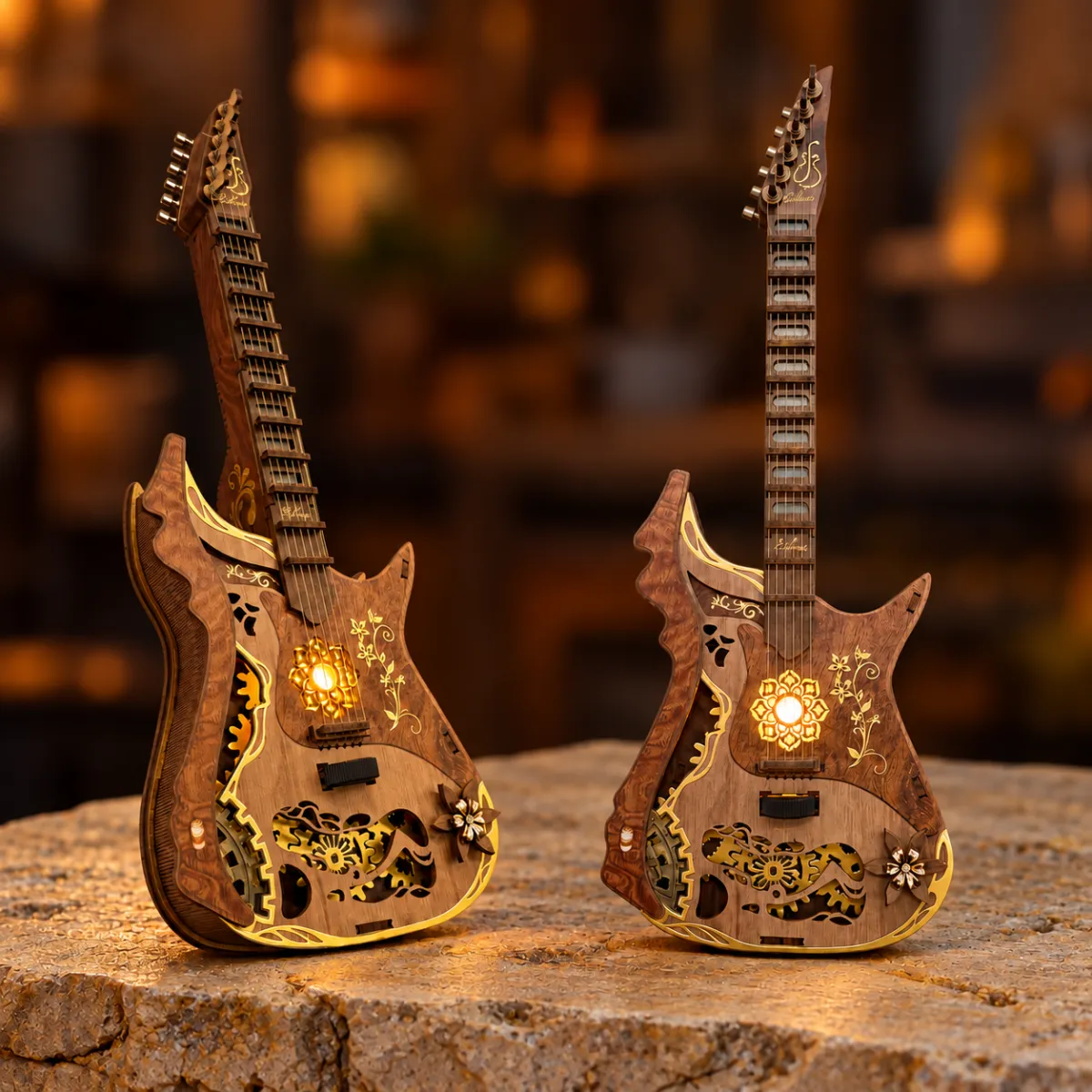Melodious Guitar Selbstmontage 3D Holzmechanisches Puzzle-Kit mit eingeschaltetem Licht