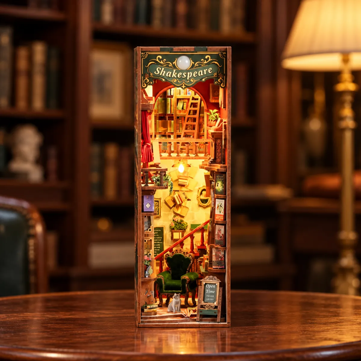 Left Bank Bookstore DIY Book Nook Kit with lights on