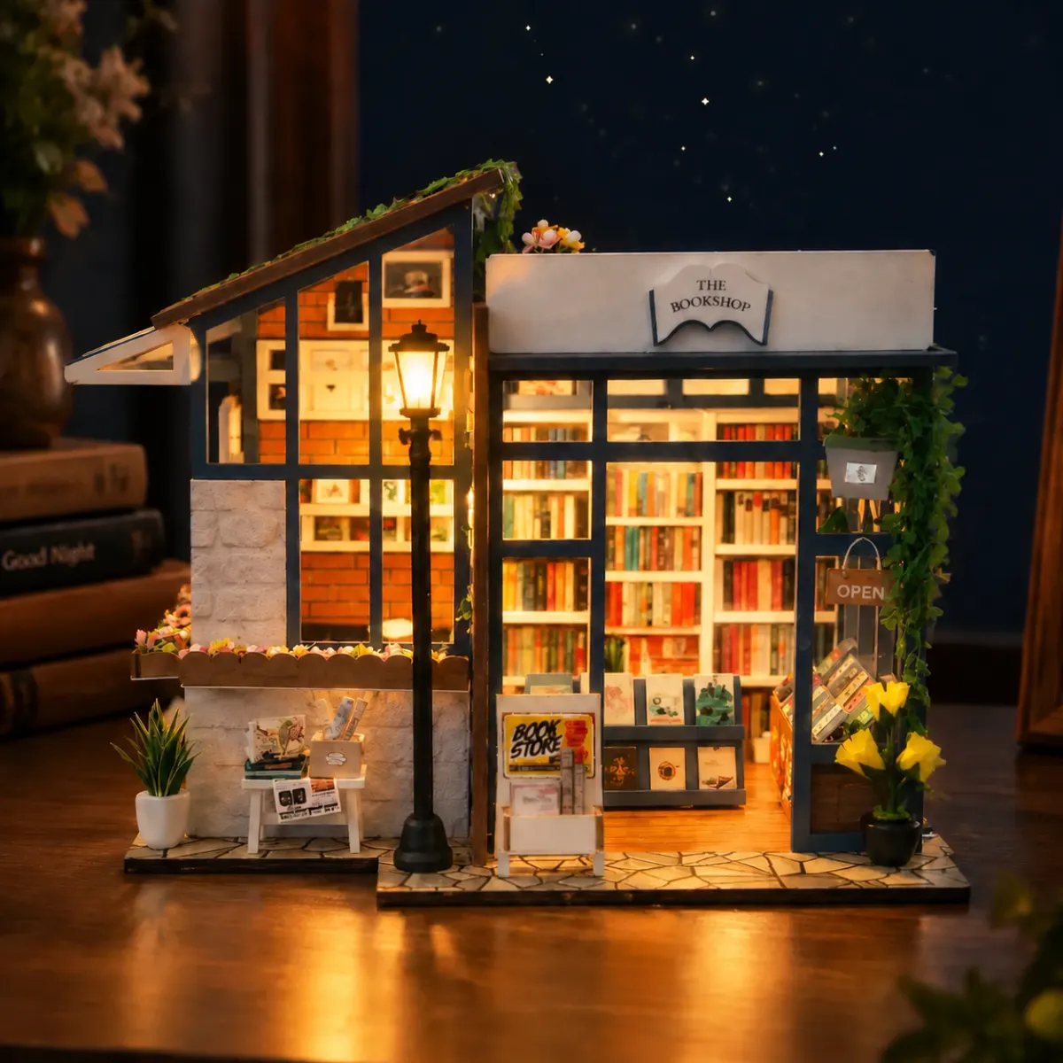 Kit in miniatura fai-da-te per la libreria con le luci accese