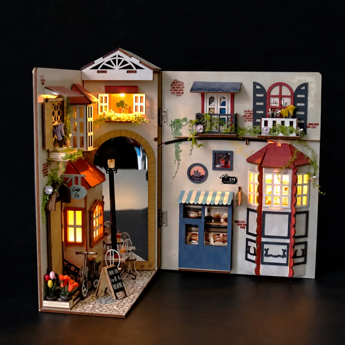 Parisian Alley DIY Book Nook Kit with lights on