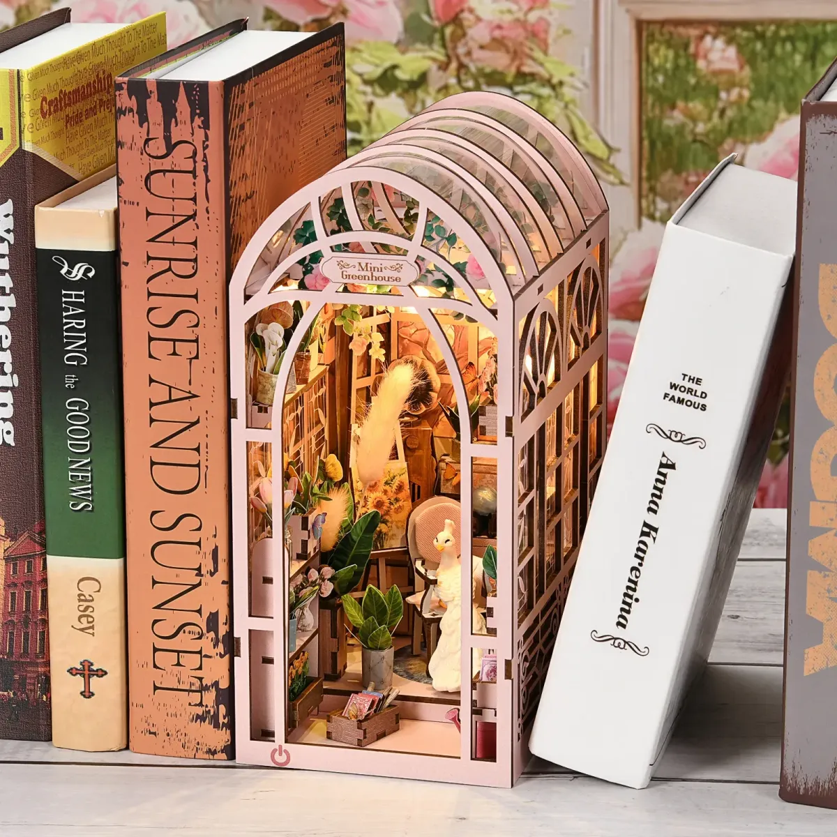 Mini Greenhouse DIY Book Nook Kit with lights on