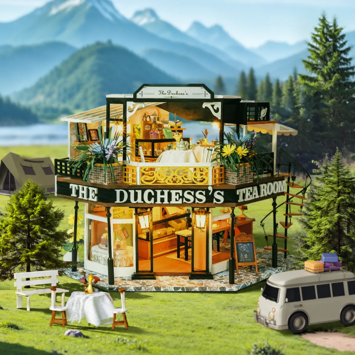 Kit de miniaturas para armar el salón de té de la duquesa con las luces encendidas