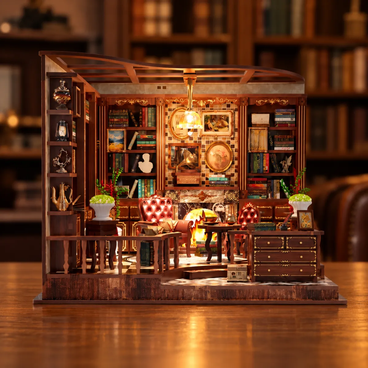 Left Bank Study DIY Mini House Kit l Miniature Kit with lights on