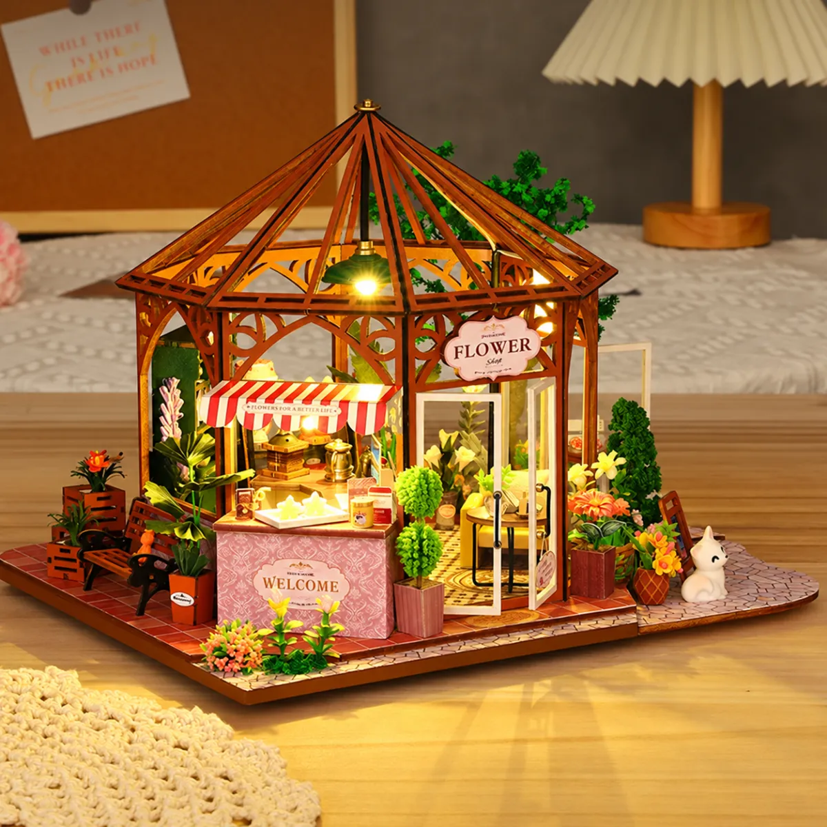 Whimsical Delights: The Bloom & Pastry Retreat DIY Miniature Kit with lights on