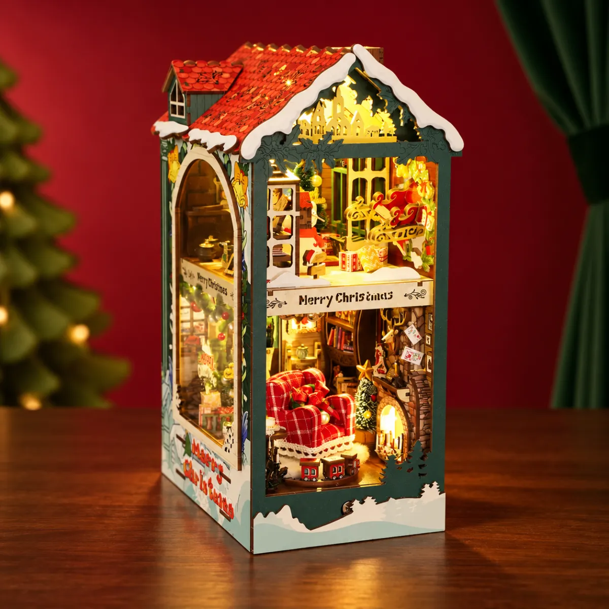 Santa's Cottage | Christmas Series DIY Book Nook Kit with lights on