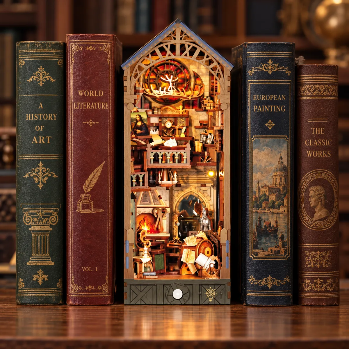 Leonardo da Vinci DIY Book Nook Kit with lights on