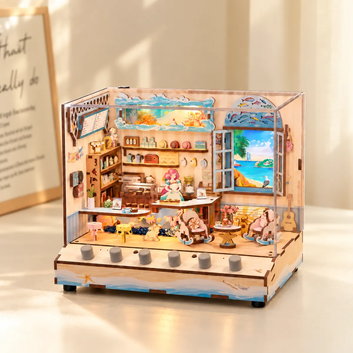 Seaside Café DIY Dynamic Music & Dynamic Scene Dollhouse with lights on