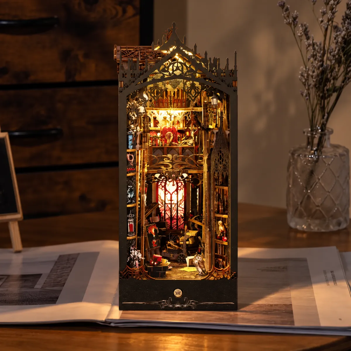 William Castle DIY Book Nook Kit with lights on