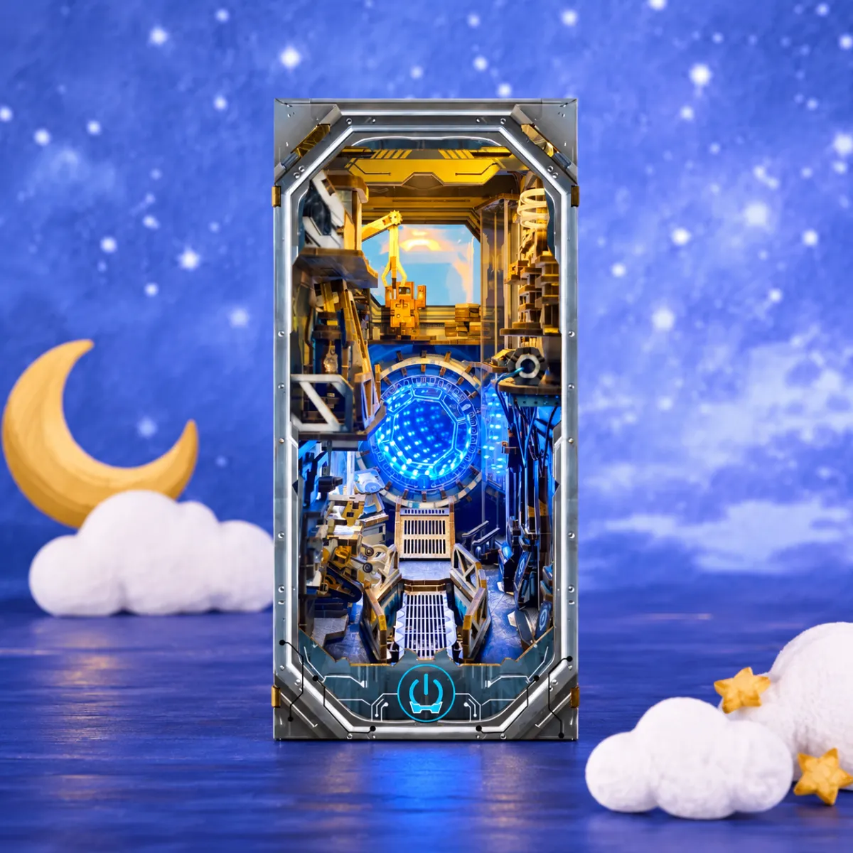 Planetary Era DIY Book Nook Kit with lights on