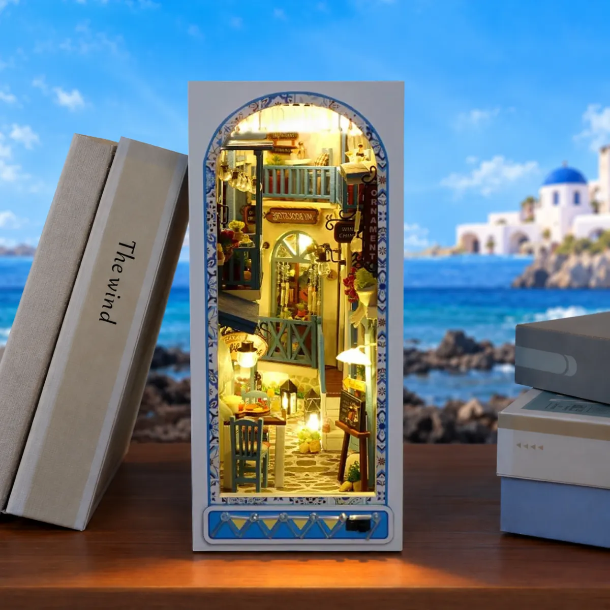 Sea Breeze DIY Book Nook Kit with lights on