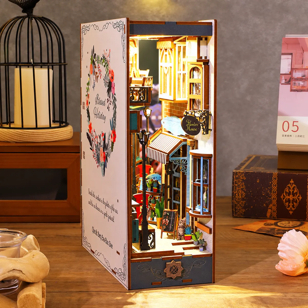 Island Holiday DIY Book Nook Kit with lights on