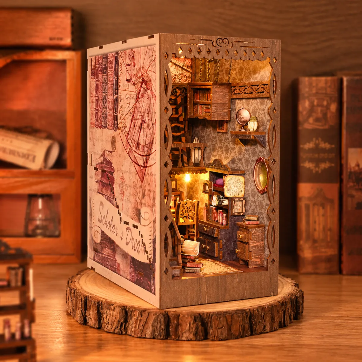 Scholar's Dreamland DIY Book Nook Kit with lights on