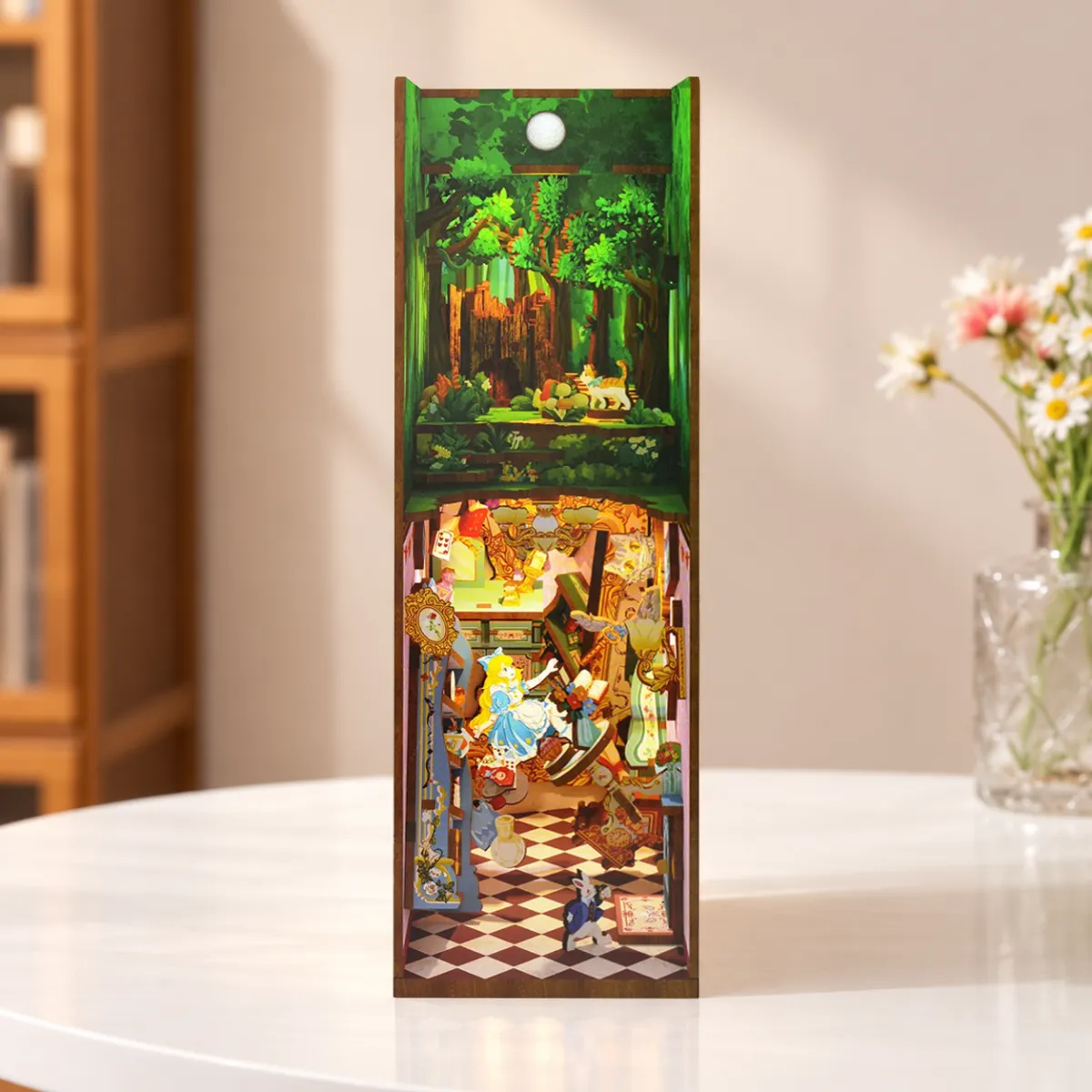 Alice in Wonderland DIY Book Nook Kit with lights on