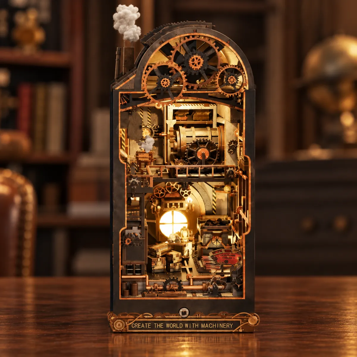 Machinery Dreams DIY Book Nook Kit with lights on