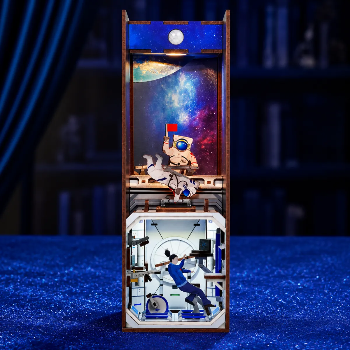 Space Station DIY Book Nook Kit with lights on