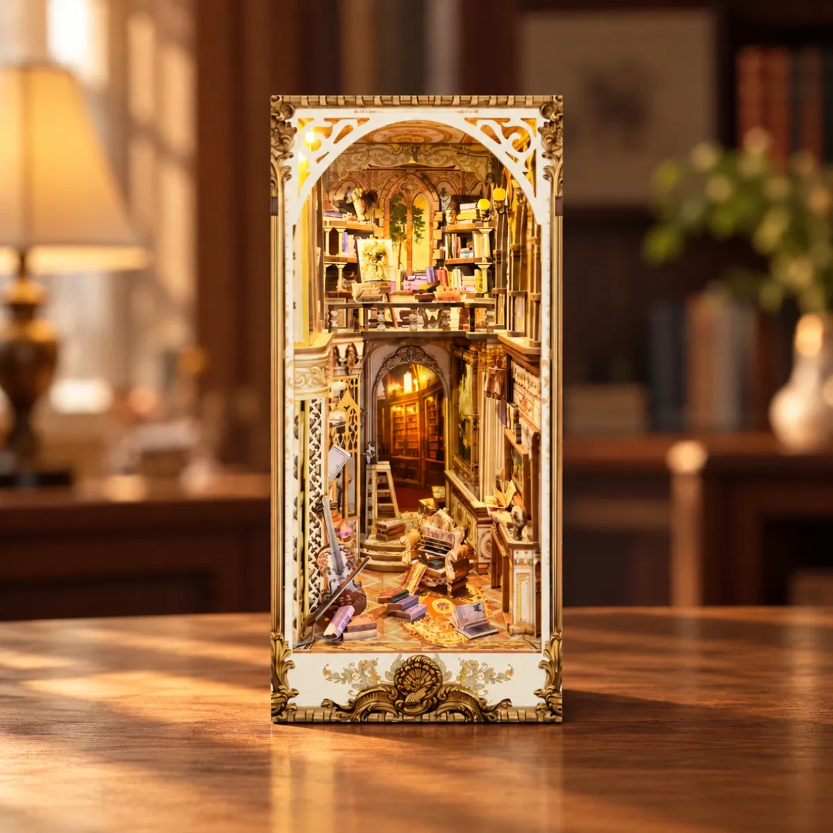 Gorgeous Manor DIY Book Nook Kit with lights on