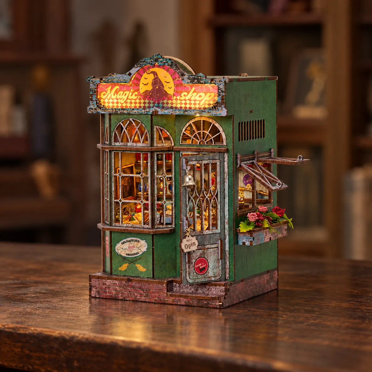 Magic Shop DIY Book Nook Kit with lights on