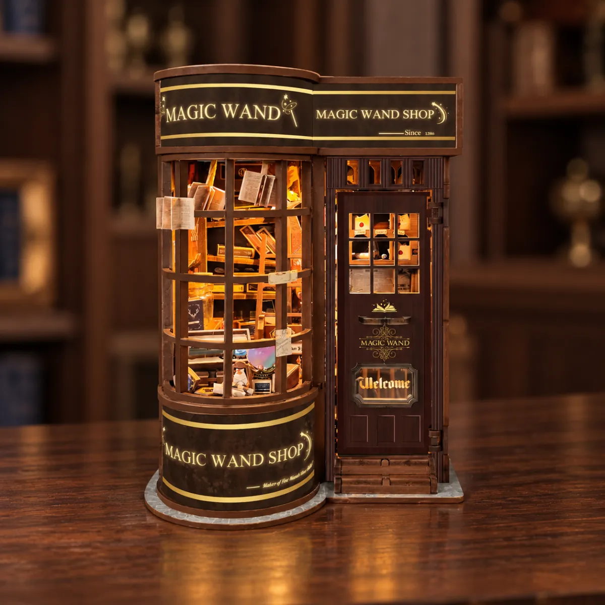 Magic Wand Store DIY Book Nook Kit with lights on
