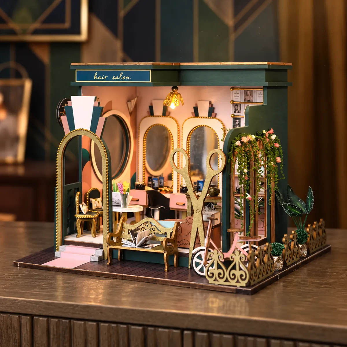 Hair Salon DIY Miniature Kit with lights on