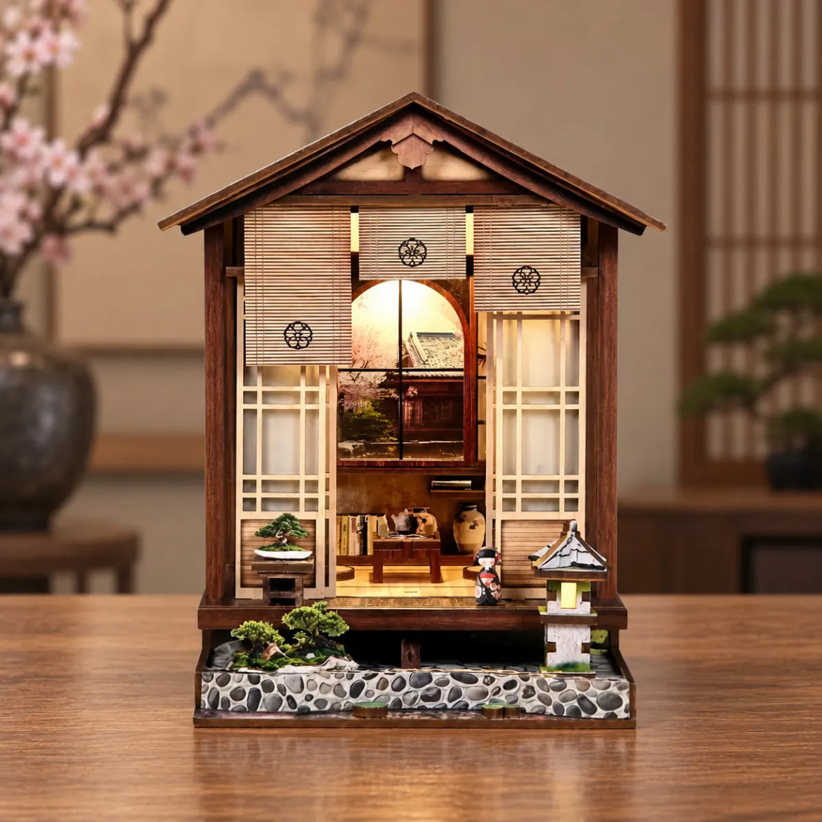 Moss-Lantern Harmony Garden DIY Book Nook Kit with lights on