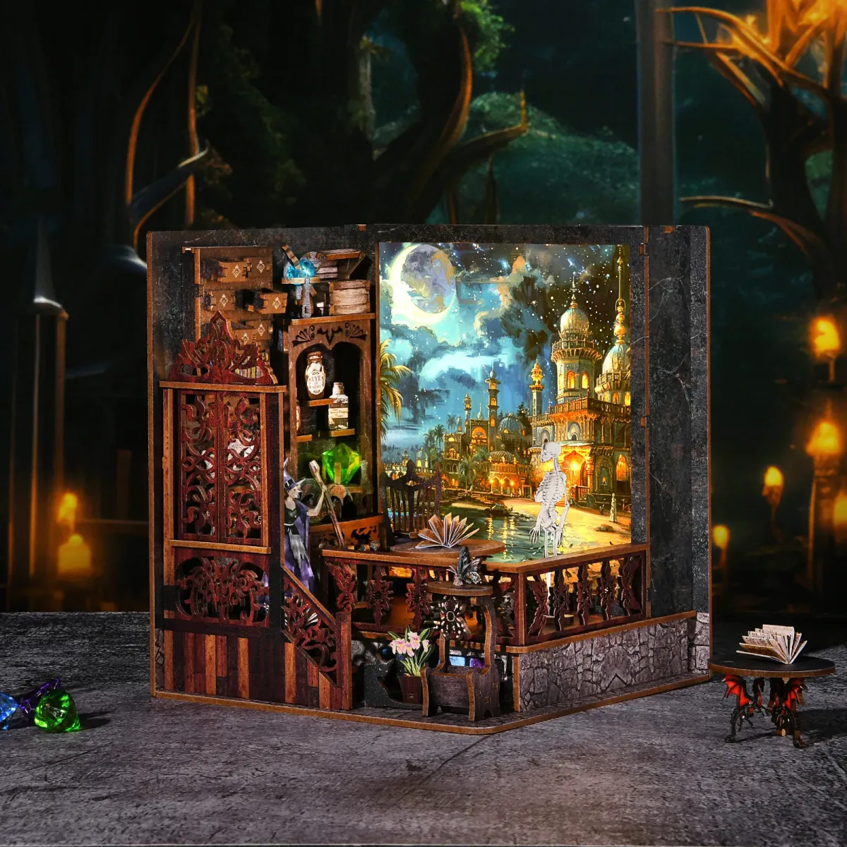 Mystic Chamber DIY Book Nook Kit with lights on