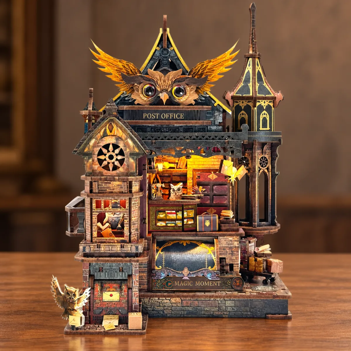 Owl Post Office DIY Miniature Kit | Light-Up Diorama with Sound & Moving Gears with lights on