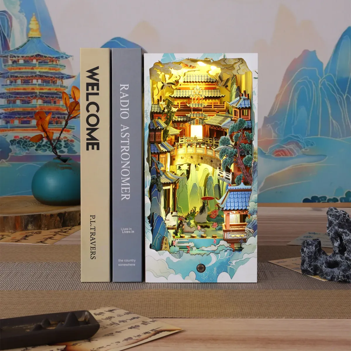 Penglai Wonderland DIY Book Nook Kit with lights on