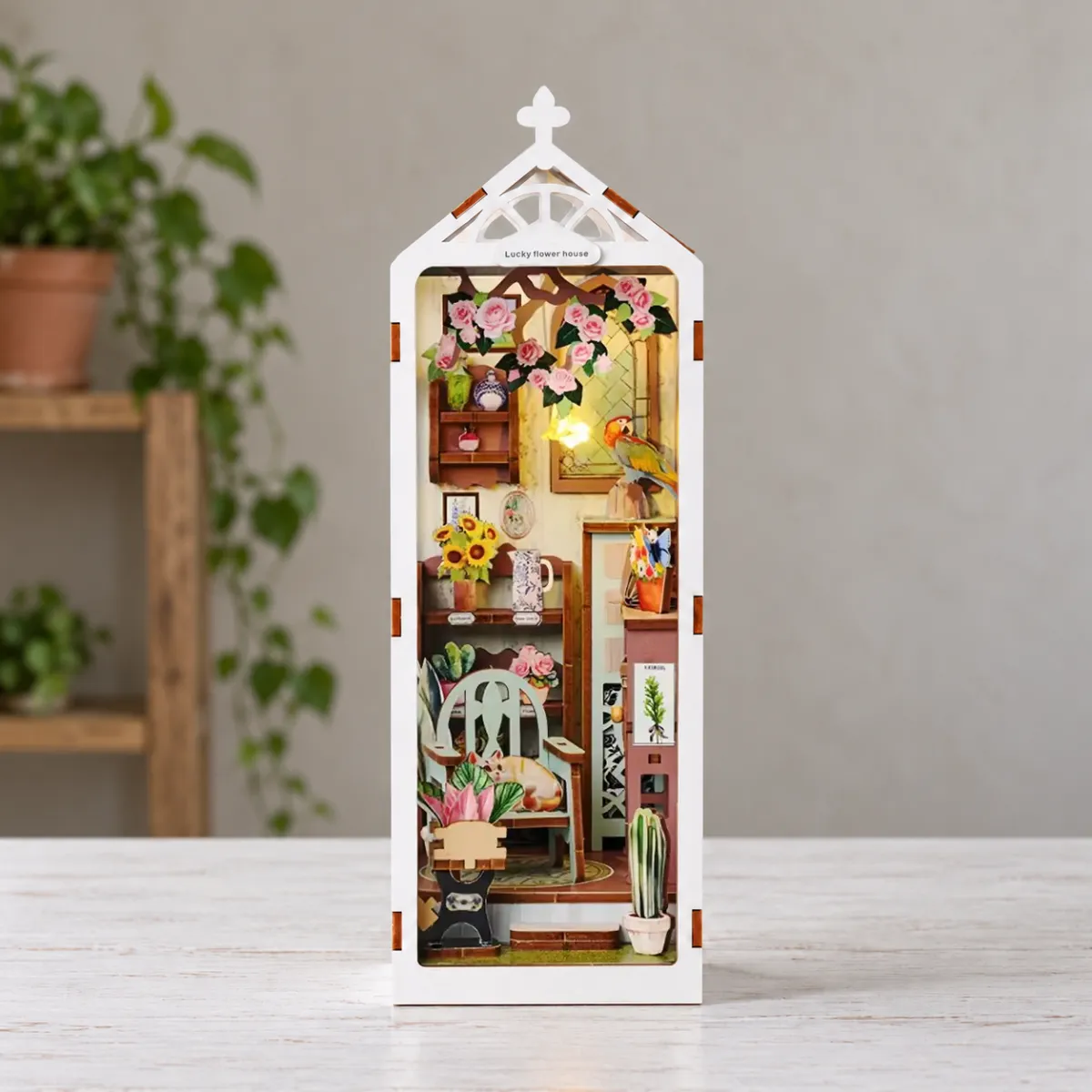Romantic Garden DIY Book Nook Kit with lights on