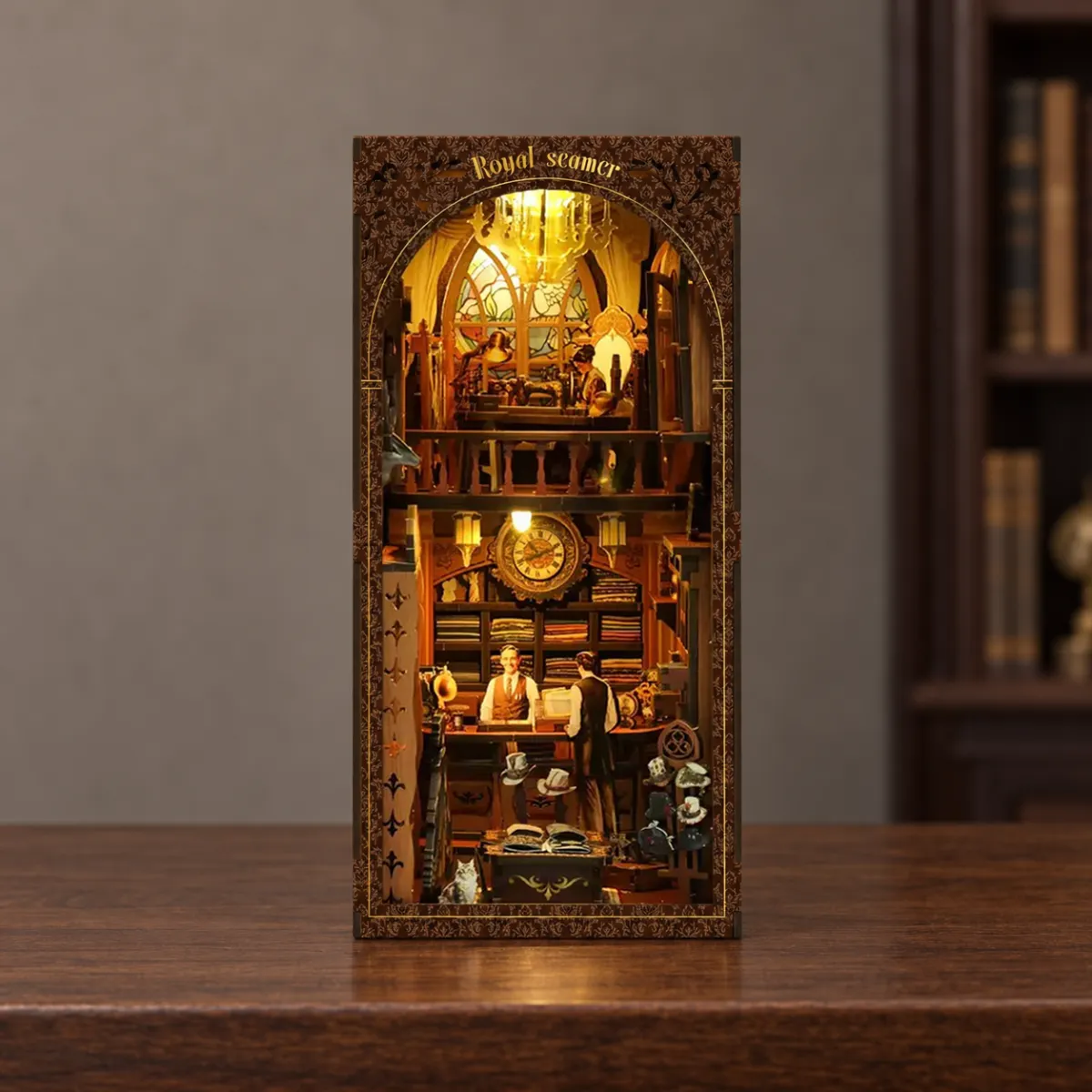 Royal Seamer DIY Book Nook Kit with lights on