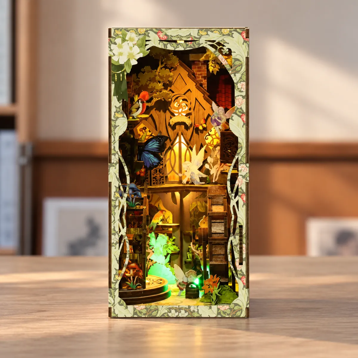 Secret World of the Forest DIY Book Nook Kit with lights on