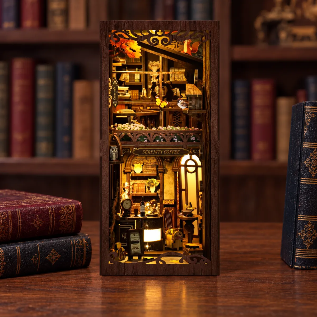 Serenity Coffee House DIY Book Nook Kit with lights on