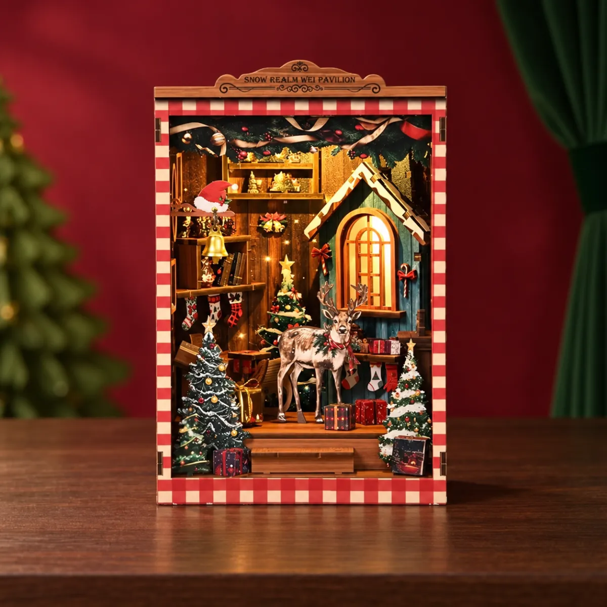 Snow Realm Wei Pavilion DIY Book Nook Kit with lights on