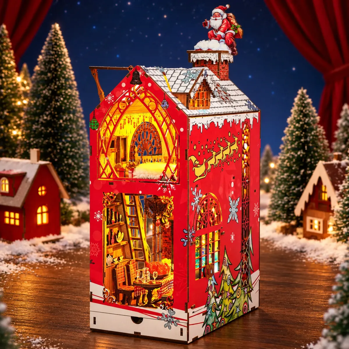Songs of the Snowy Night DIY Book Nook Kit with lights on