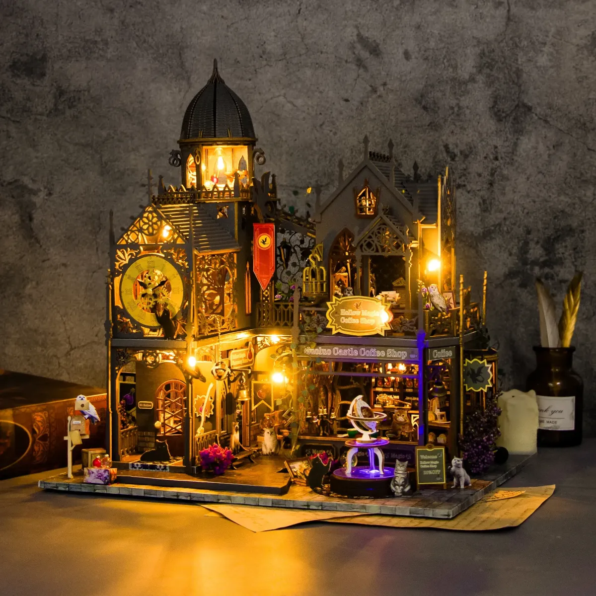 Hollow Magic Coffee Shop DIY Miniature Kit with lights on